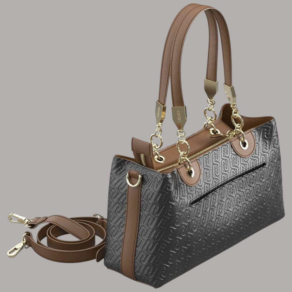 Borsa Liu Jo con fantasia monogramma nero e dettagli in pelle marrone e hardware dorato