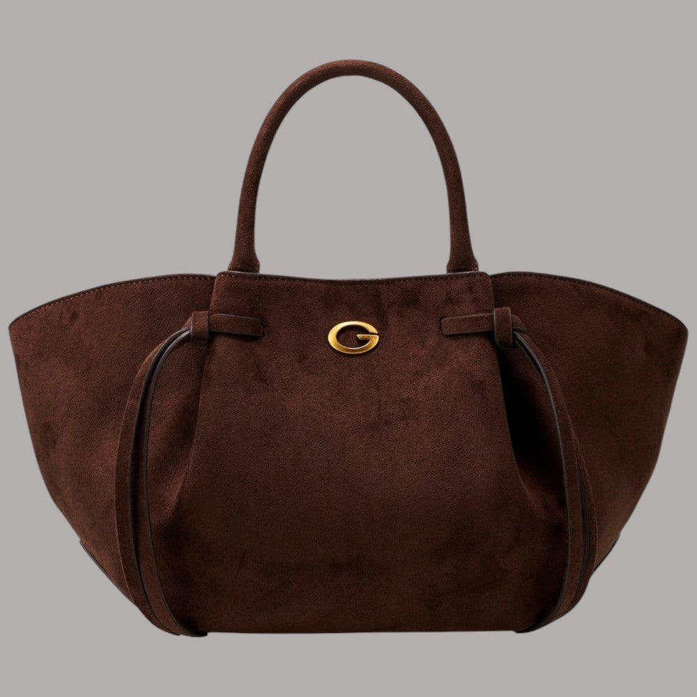 Borsa a mano Guess Allegra in suede marrone con tracolla removibile e dettaglio gold