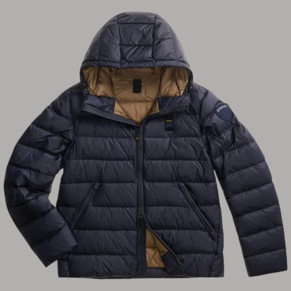Piumino corto Blauer blu con cappuccio e fodera interna beige