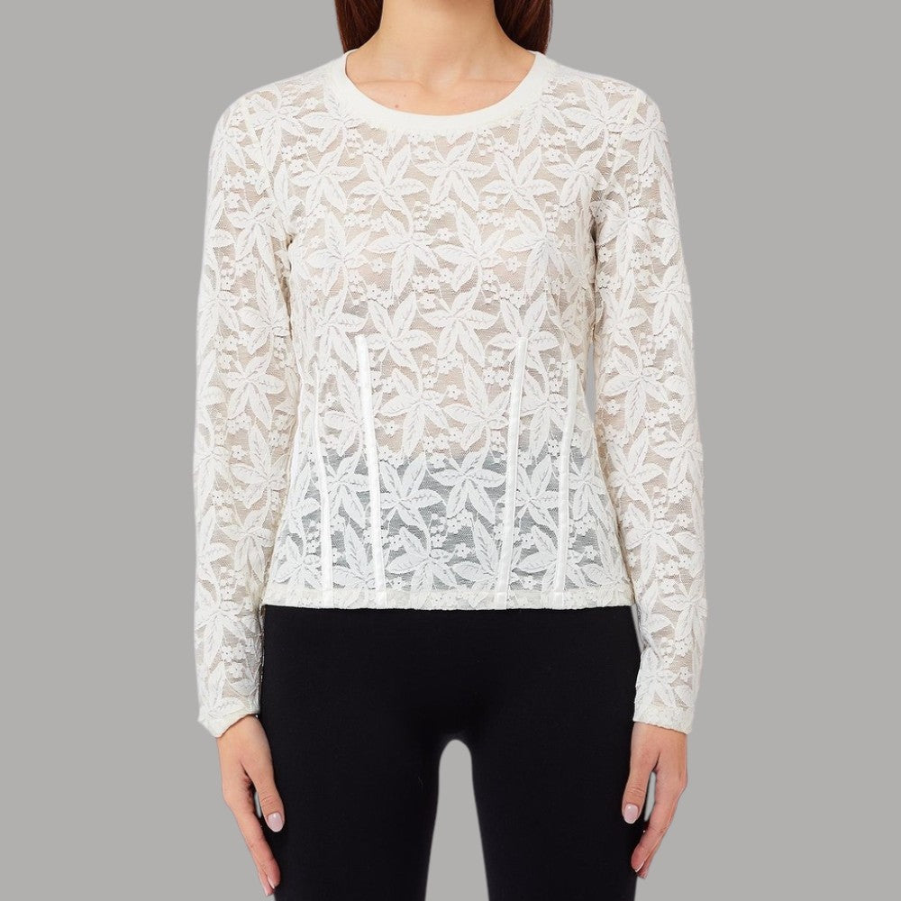 Liu Jo T-shirt in pizzo semi trasparente bianco con texture floreale