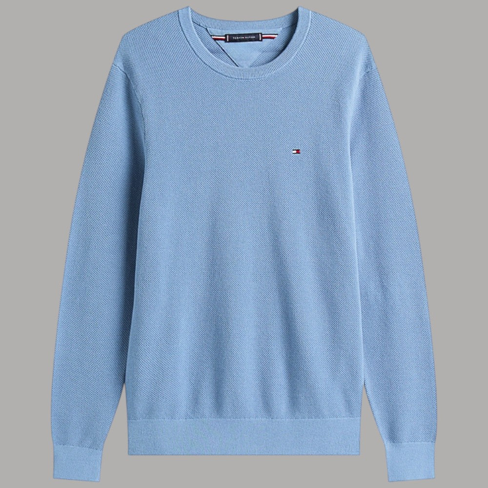 Pullover strutturato in cotone Tommy Hilfiger azzurro con logo sul petto