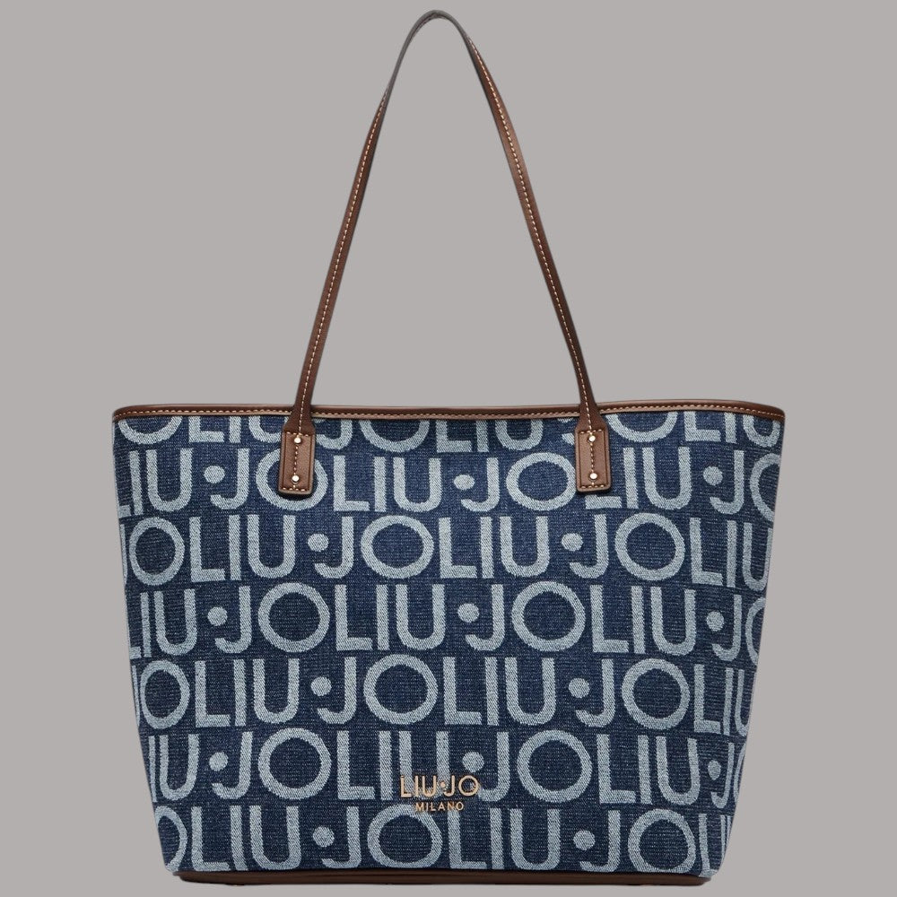 Borsa a spalla Liu Jo shopping bag blu denim con logo ripetuto e dettagli in pelle