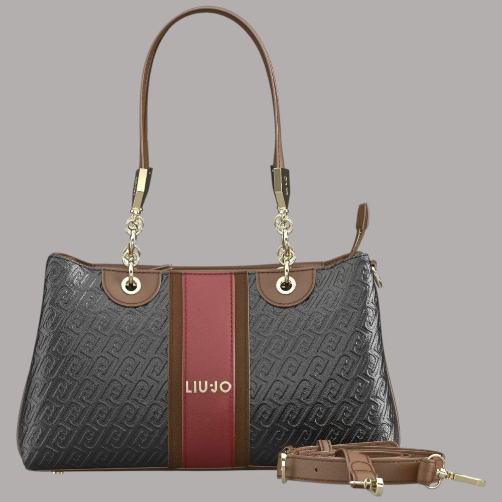 Borsa Liu Jo nera con stampa geometrica, dettaglio rosso e manico a spalla in pelle