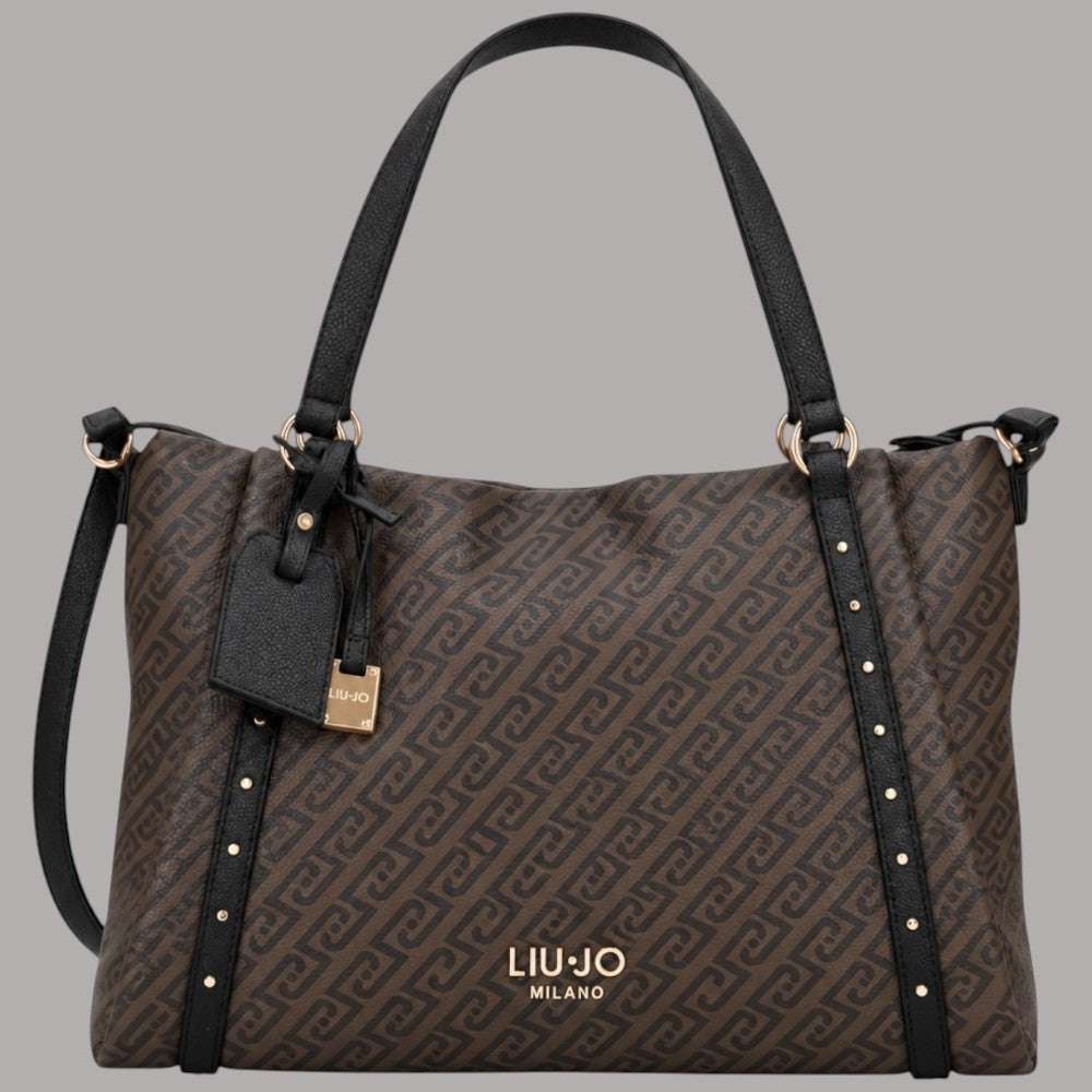Borsa shopping Liu Jo tote media con logo monogram marrone e dettagli neri
