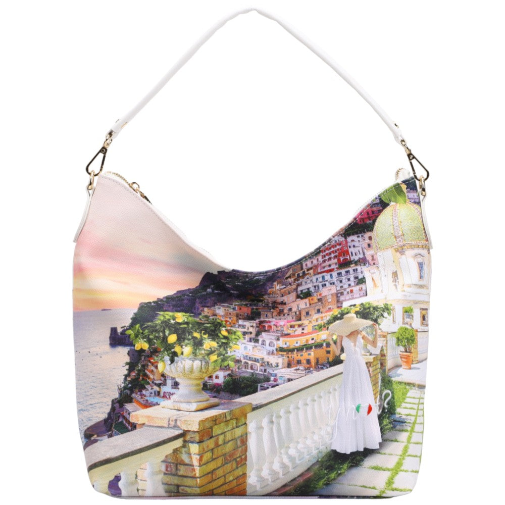 Borsa hobo bianca con stampa Romantic Coast e frange laterali