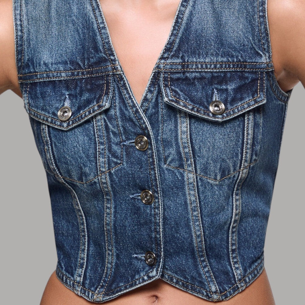 Gilet in denim Liu Jo liena Elodie UF6502D0398 con tasche a pattina e bottoni metallici