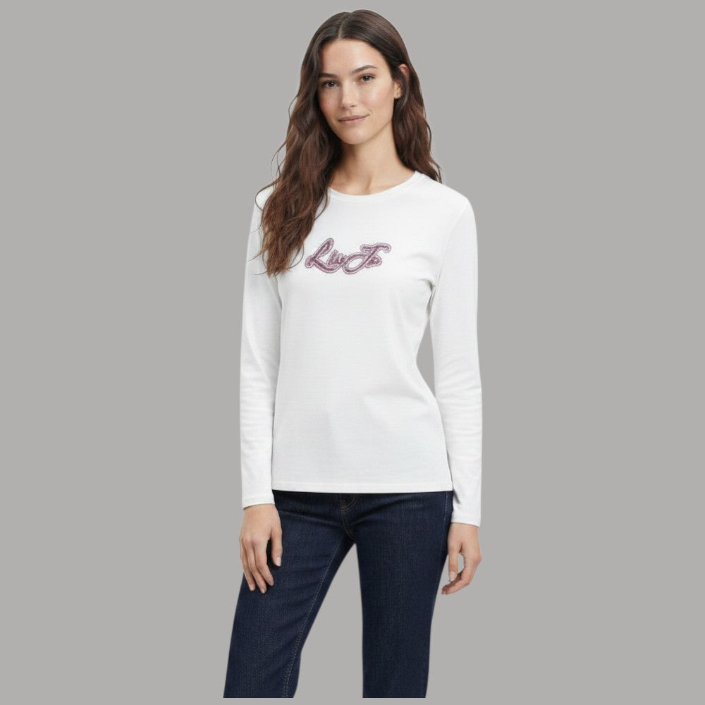 Liu Jo T-shirt manica lunga con logo strass bianca con logo ricamato di strass
