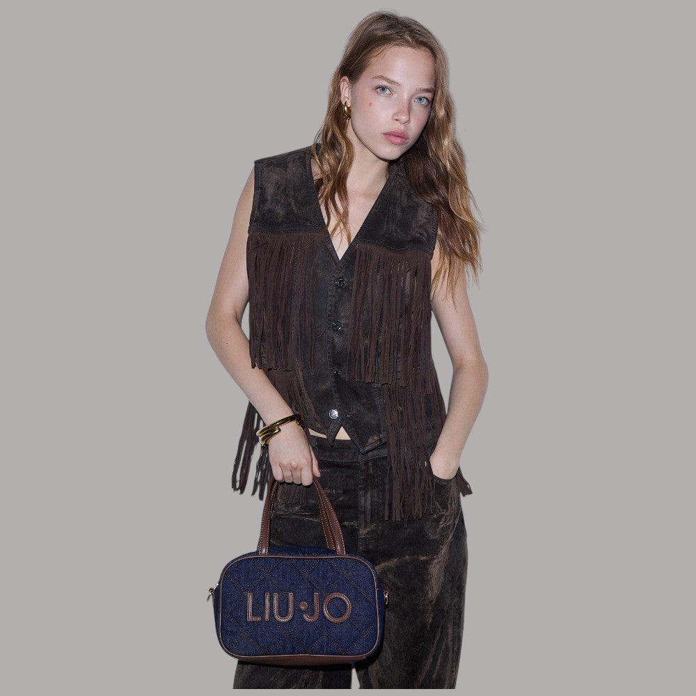 Borsa a tracolla Liu Jo in denim con charm AF6118D5083, dettagli con frange blu e marrone
