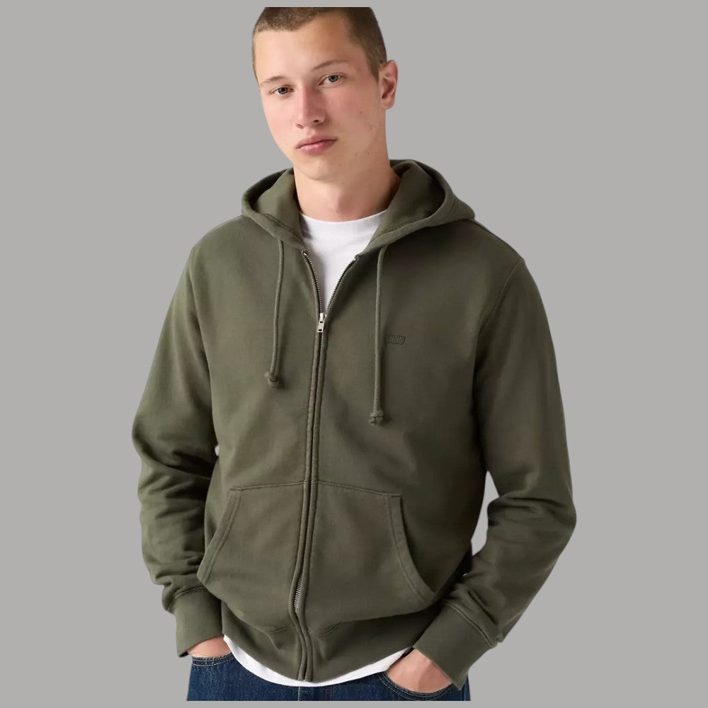 Felpa con cappuccio Levi's verde oliva, zip frontale e tasche a marsupio