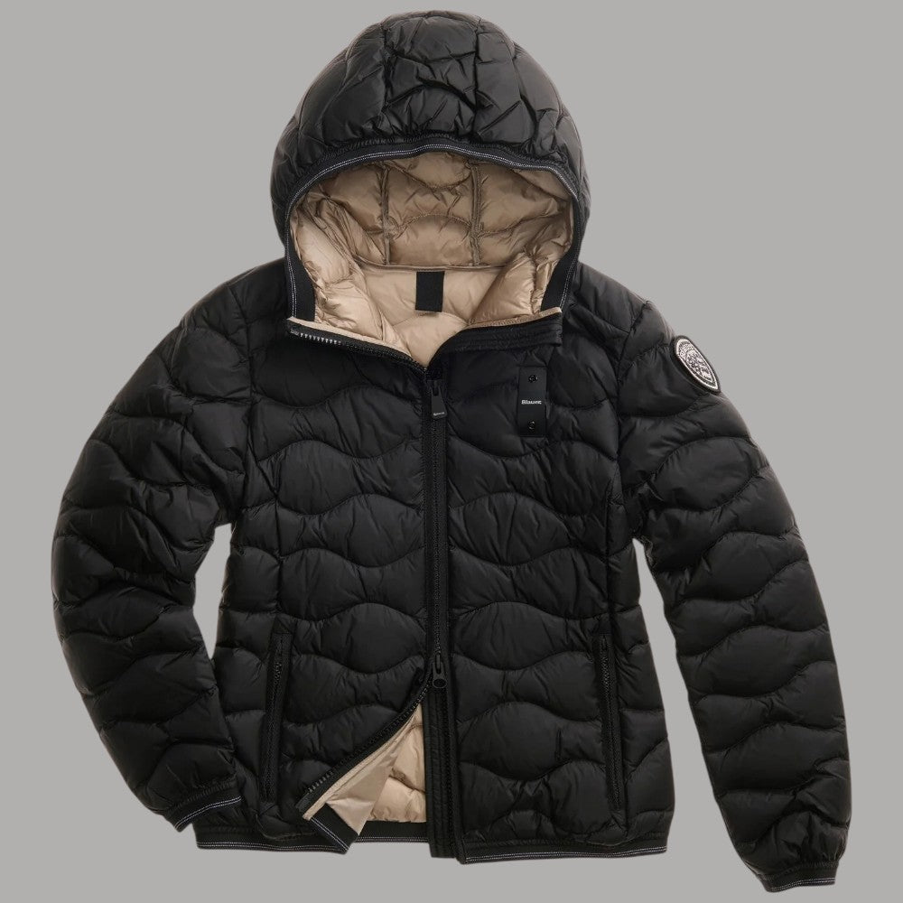 Piumino corto nero Blauer aperto, con cappuccio e fodera interna beige