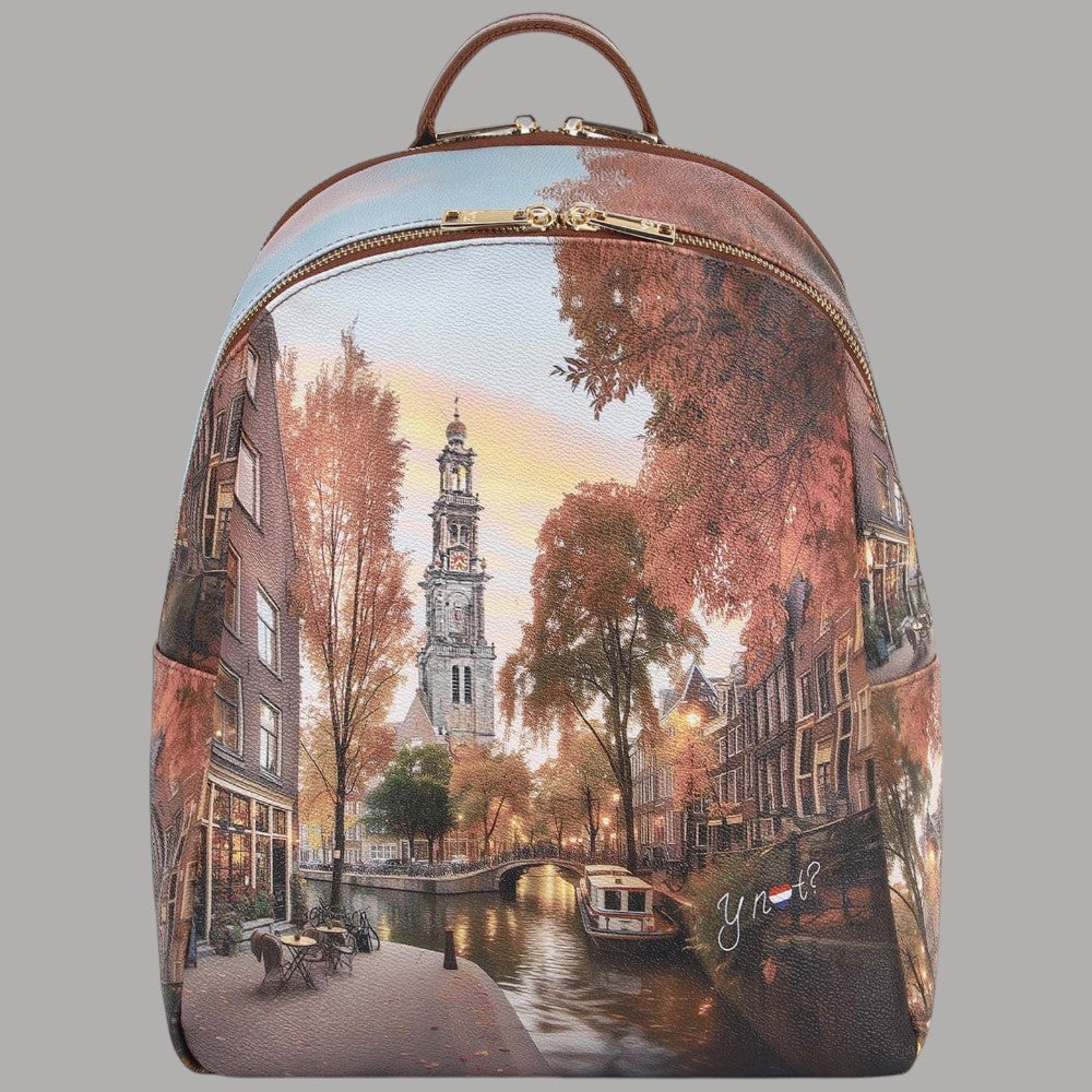 Zaino Ynot con stampa di un canale di Amsterdam e alberi autunnali, vista frontale