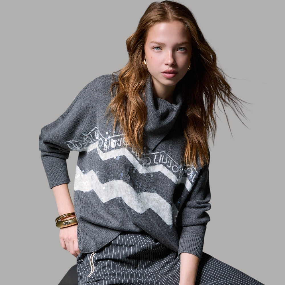 Liu Jo maglione jacquard con paillettes grigio con logo e fantasia a righe