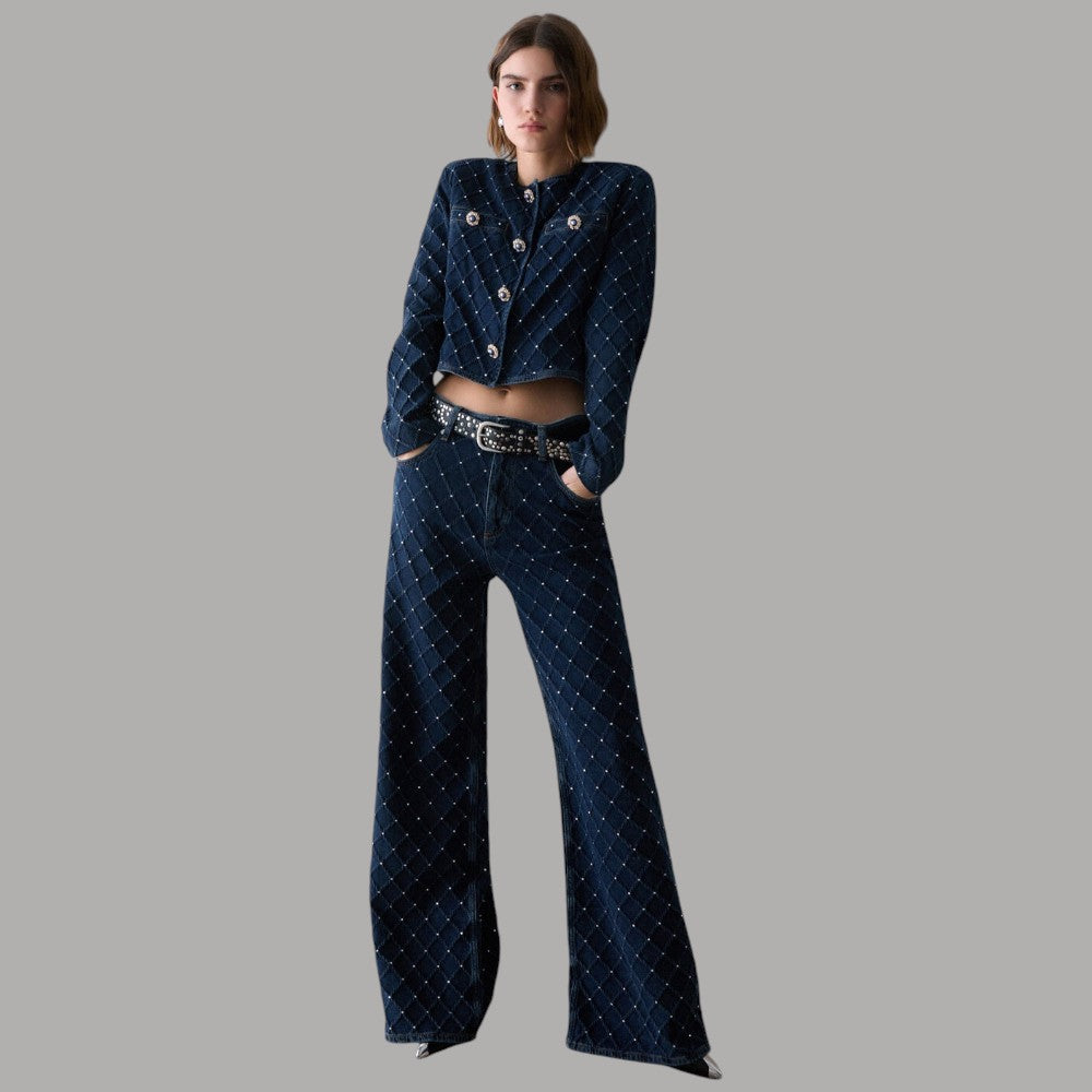 Giacca Liu Jo corta in denim blu trapuntato con strass e bottoni gioiello