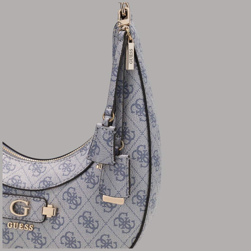 Borsa hobo Guess nera con motivo logo all over e dettagli dorati