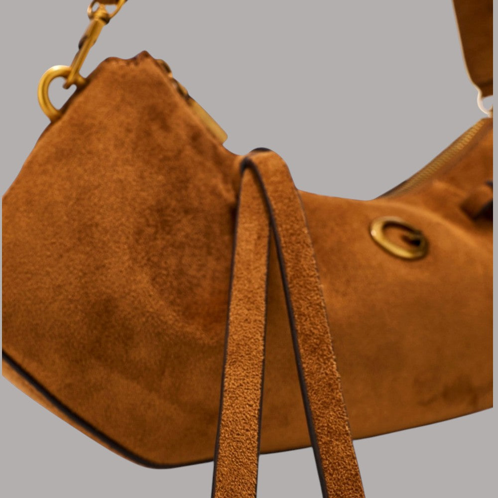 Guess borsa a spalla in camoscio marrone con dettagli dorati