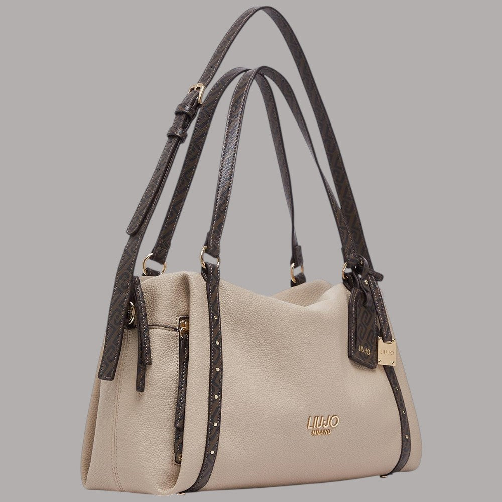 Liu Jo borsa a spalla media effetto grana beige con dettagli logati e tracolla nera