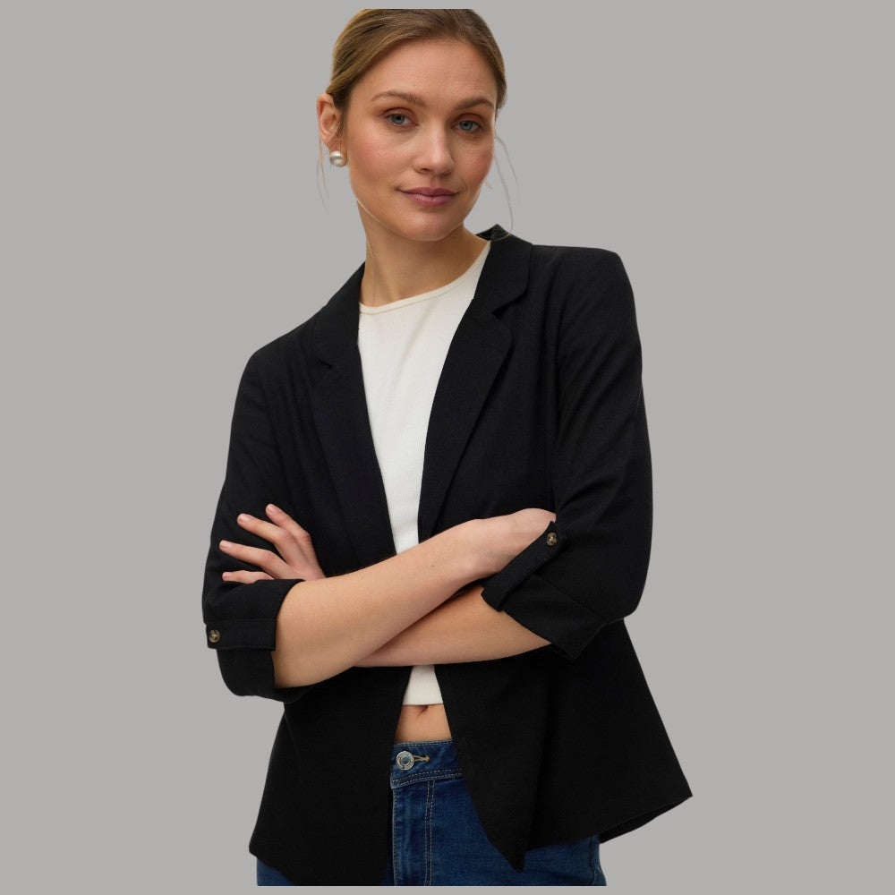 Giacca blazer donna nera in lino e viscosa, manica 3/4, revers e tasche