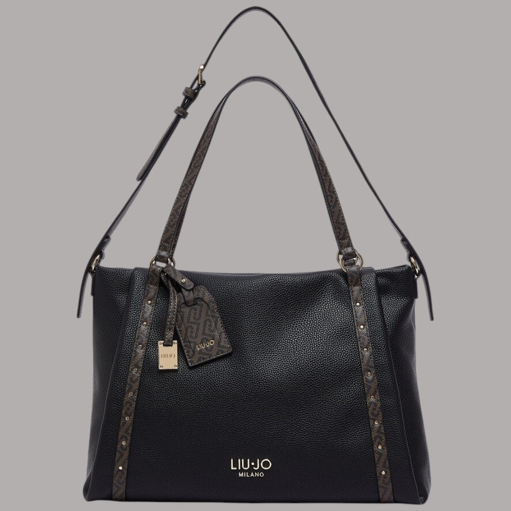 Borsa tote media Liu Jo Ilyana effetto grana nero con dettagli marroni e logo