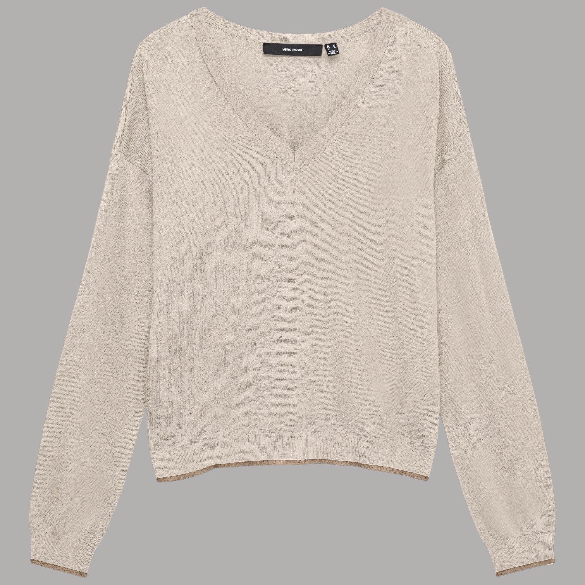 Vero Moda pullover scollo a V in misto lana colore beige, texture liscia, dettaglio bordo in fondo al orlo