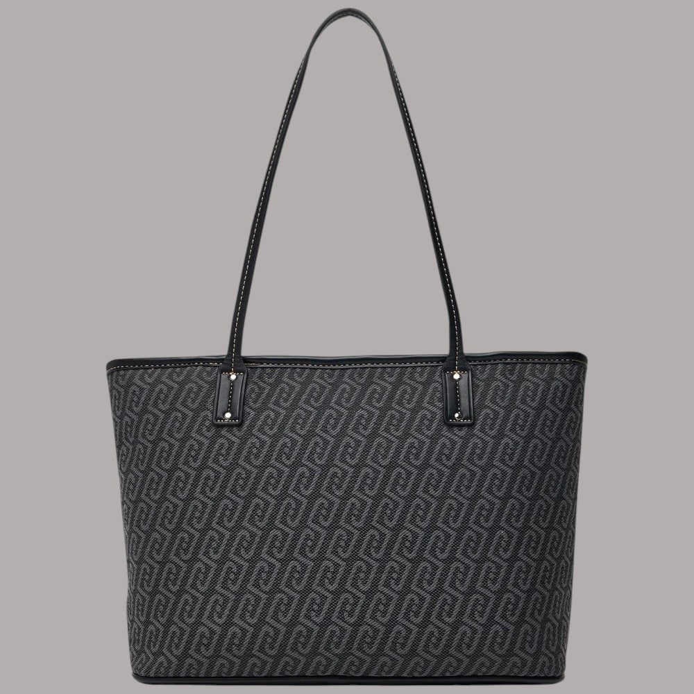 Borsa Liu Jo tote media in tessuto jacquard con logo geometrici grigi e neri.