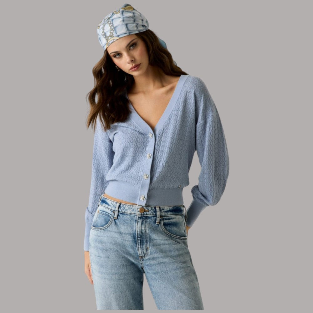 Cardigan Guess Nina lavorato a maglia azzurro con bottoni frontali, dettagli eleganti