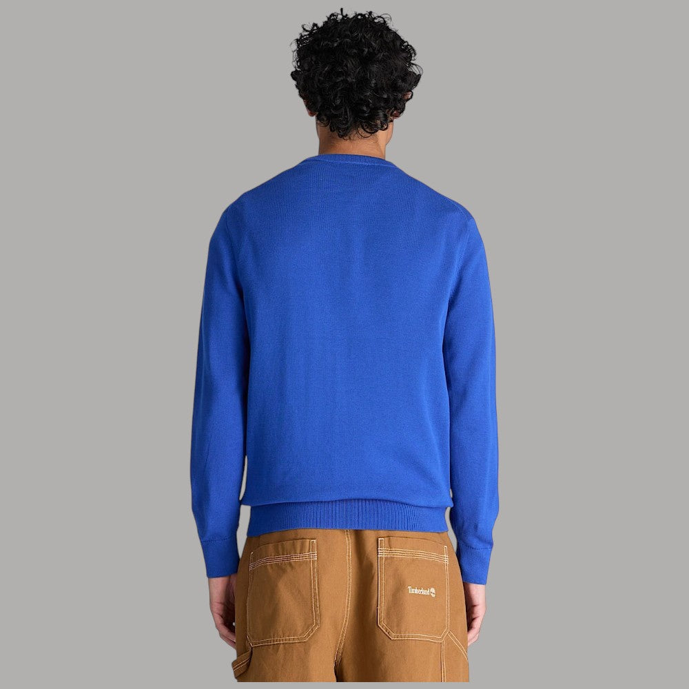 Maglione Timberland bluette visto da dietro, con maniche e orlo a costine
