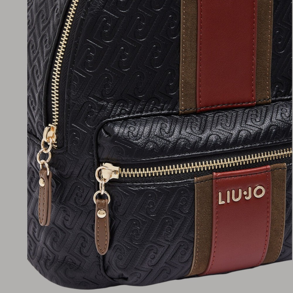 Liu Jo Zaino nero con dettagli in pelle rosso e marrone, logo monogramma, zip dorate