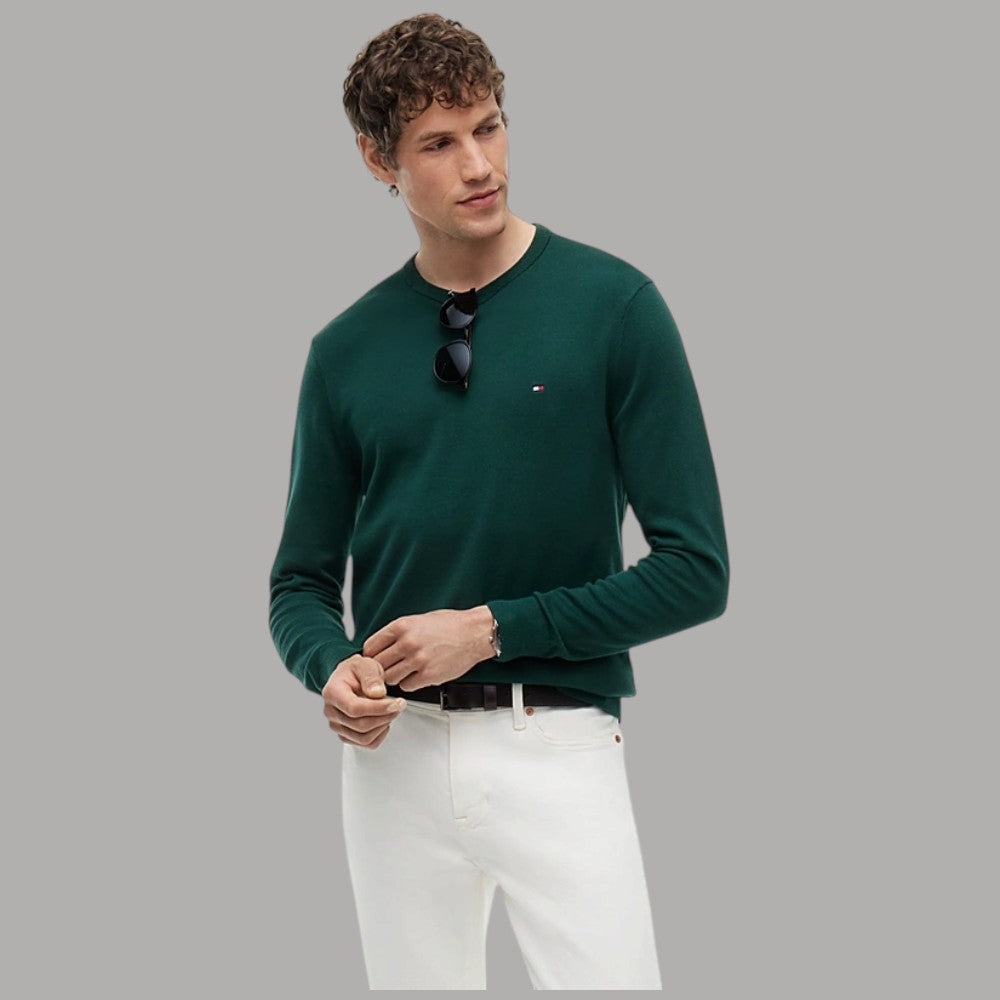 Maglione pullover girocollo in cotone verde scuro con piccola bandierina Tommy Hilfiger