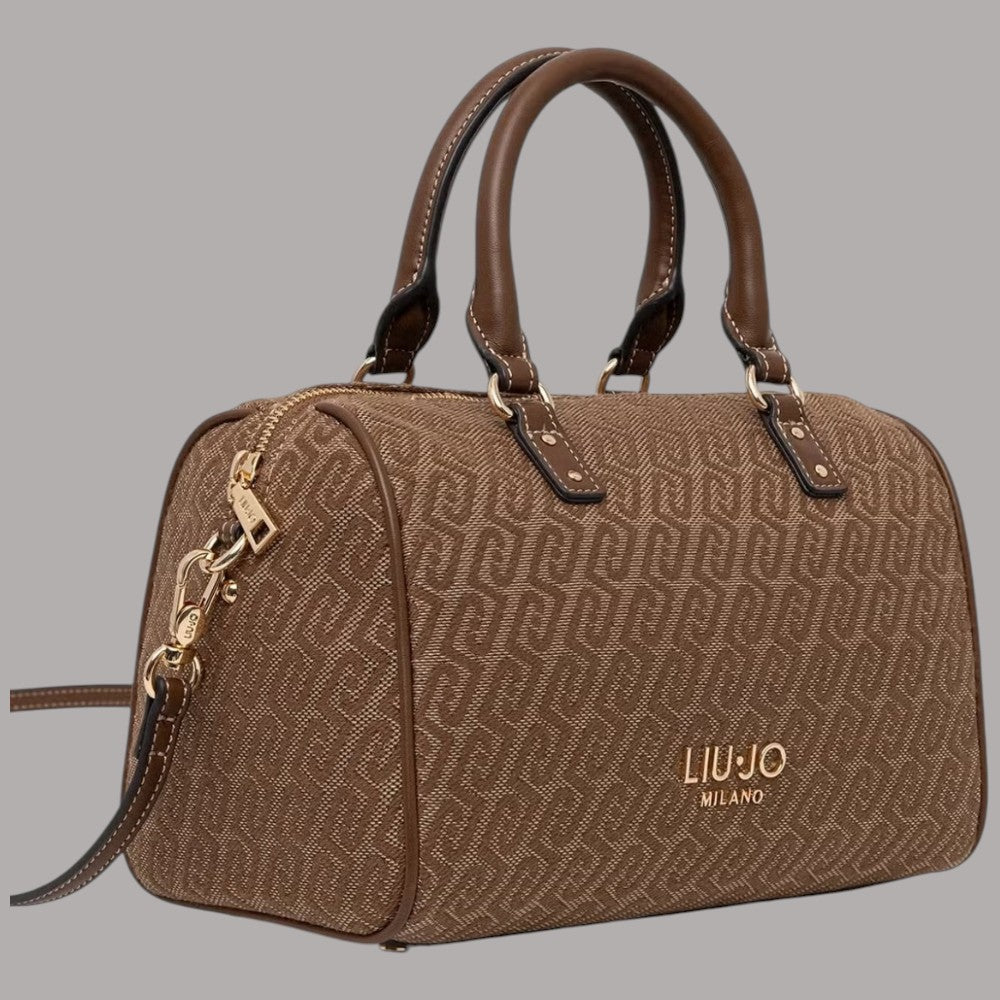 Borsa bauletto piccola marrone chiaro con manici, tracolla e scritta Liu Jo