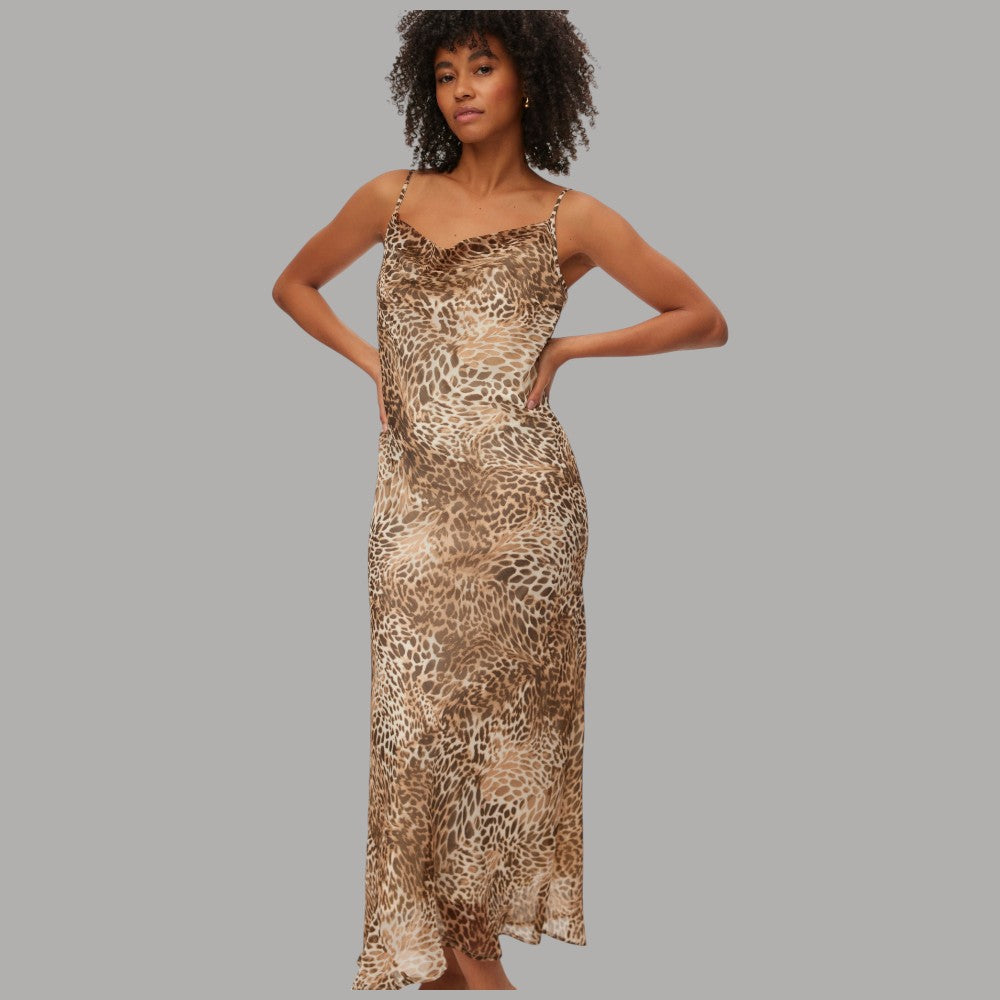 Abito lungo animalier con scollo a V e spalline sottili regolabili