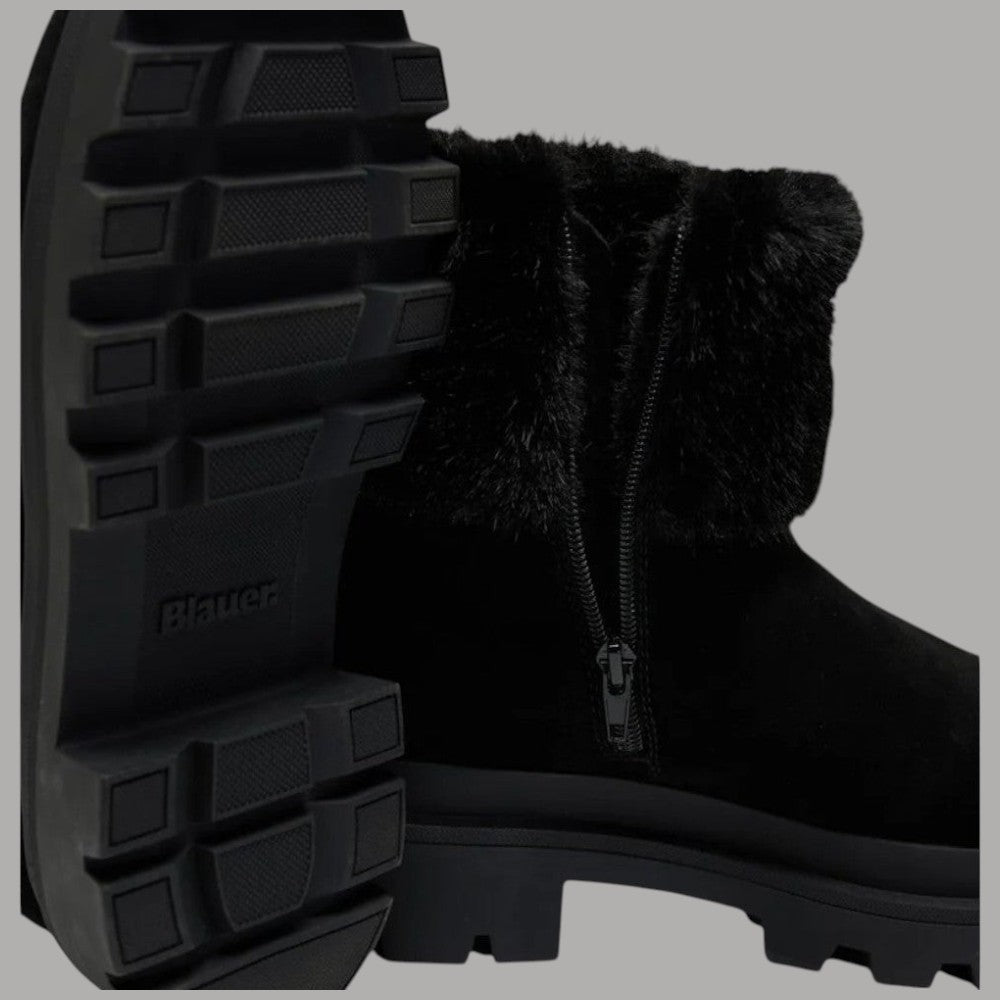 Stivaletto nero in pelle scamosciata con bordo in pelliccia e suola dentellata