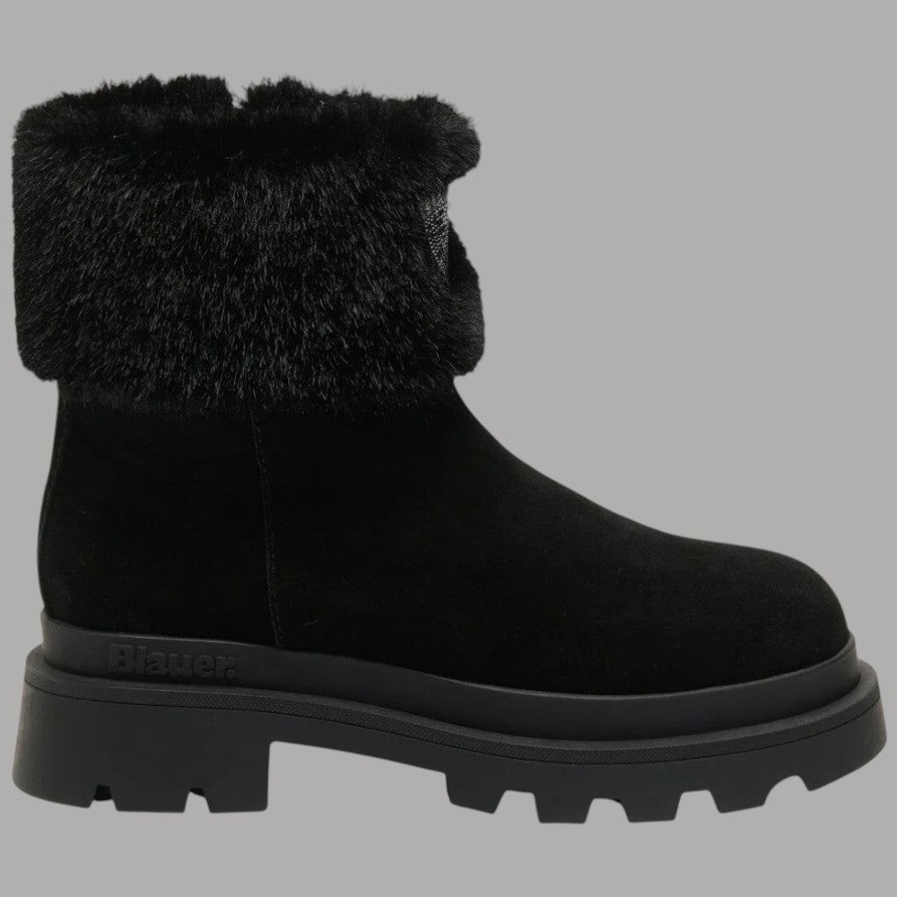 Stivaletto nero in suede con risvolto in pelliccia e suola spessa