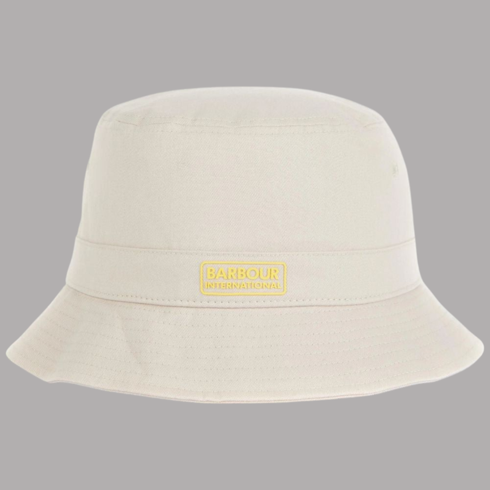 Cappello bucket Barbour International beige con bordo a falda larga e logo frontale