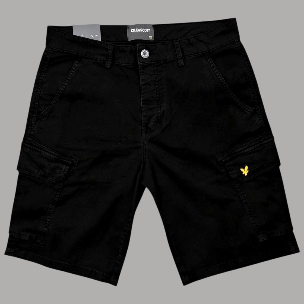 Bermuda cargo cotone nero, tasche laterali con patta, logo gamba