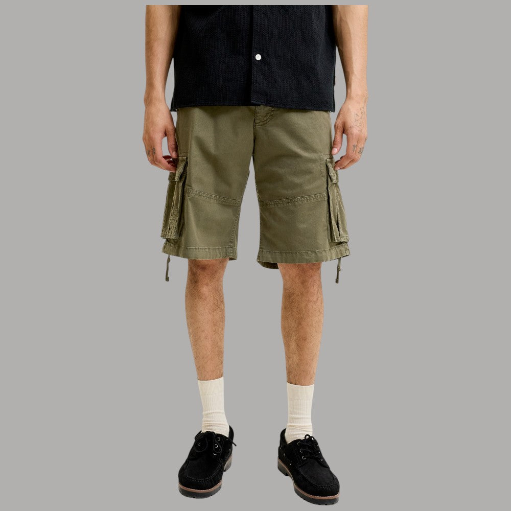 Pantaloncini cargo in cotone verde oliva con tasche laterali e coulisse
