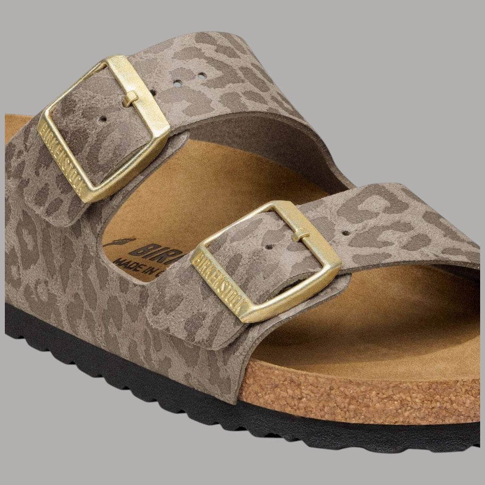 Sandali Birkenstock Arizona grigi leopardati: fibbie rettangolari color oro