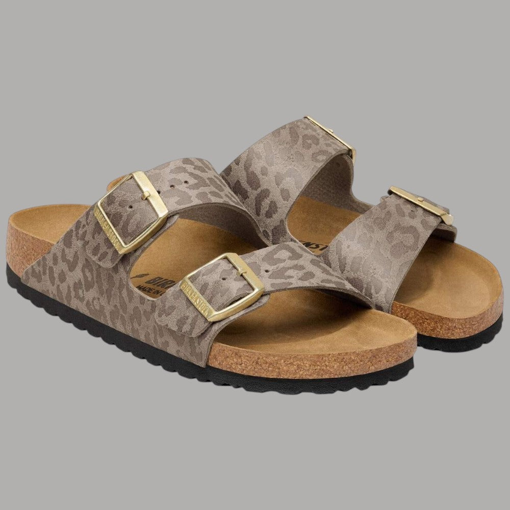 Paio di sandali Birkenstock Arizona grigi leopardati con fibbie oro