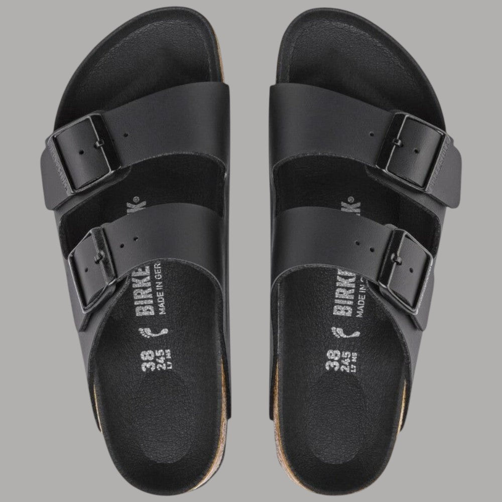 Ciabatte Birkenstock Arizona nere: vista plantare con stampa e fibbie