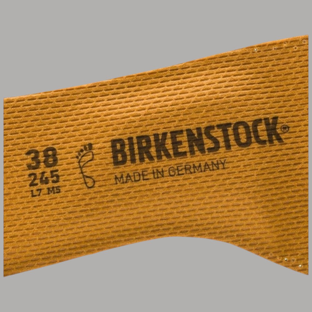 Plantare comfort Birkenstock Birko Tex marrone, dettaglio logo e misure 38 25 17