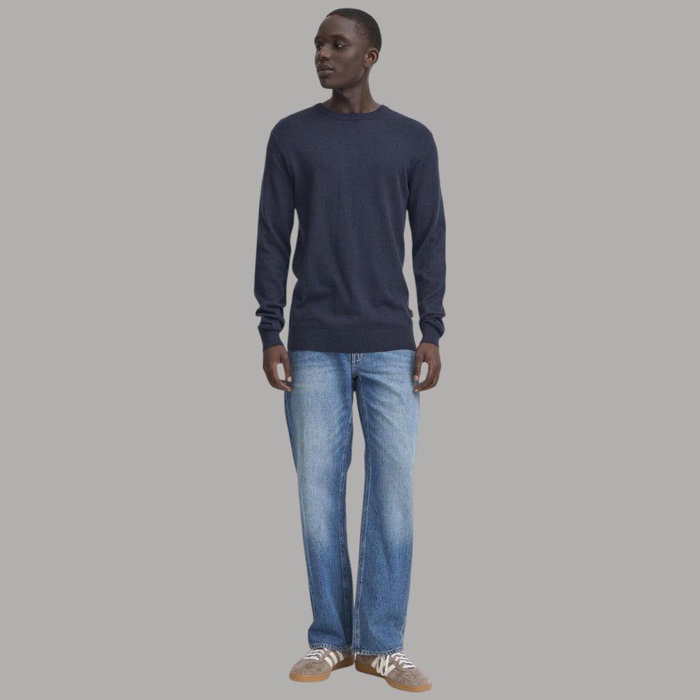 Pullover blu da uomo con girocollo e maniche lunghe, lavorazione a maglia