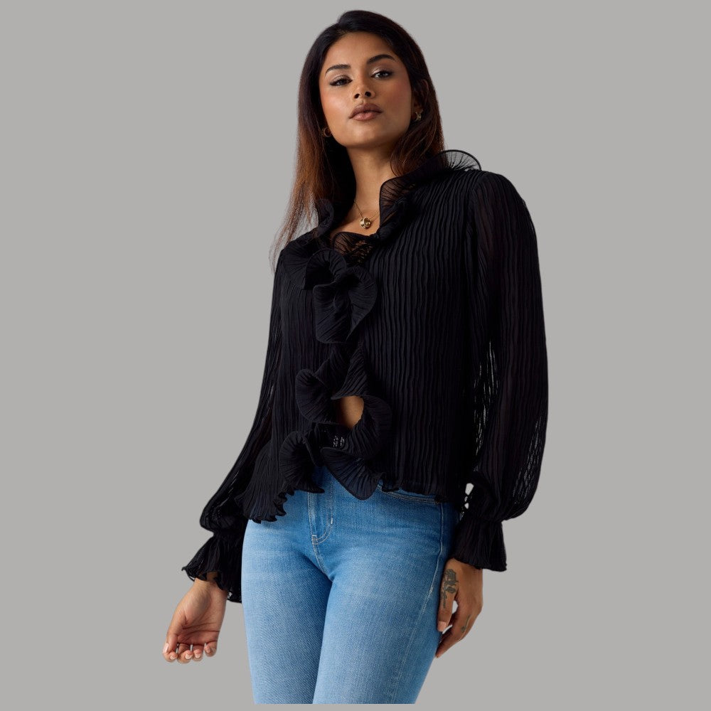 Guess blusa nera in chiffon con volant W6RH31WI342 - Prodotti di Classe