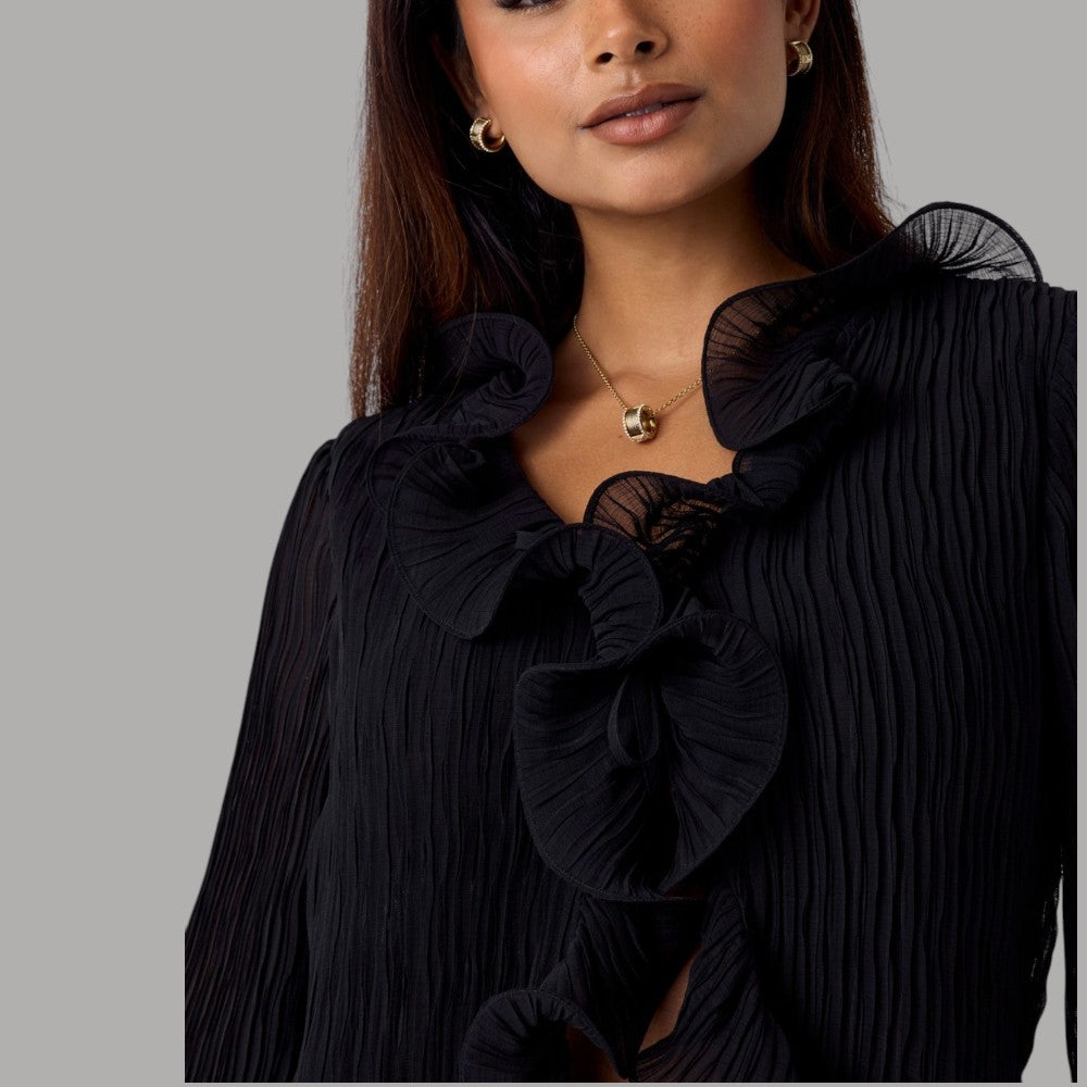 Guess blusa nera in chiffon con volant W6RH31WI342 - Prodotti di Classe