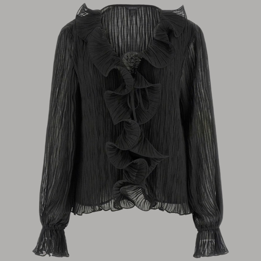 Guess blusa nera in chiffon con volant W6RH31WI342 - Prodotti di Classe