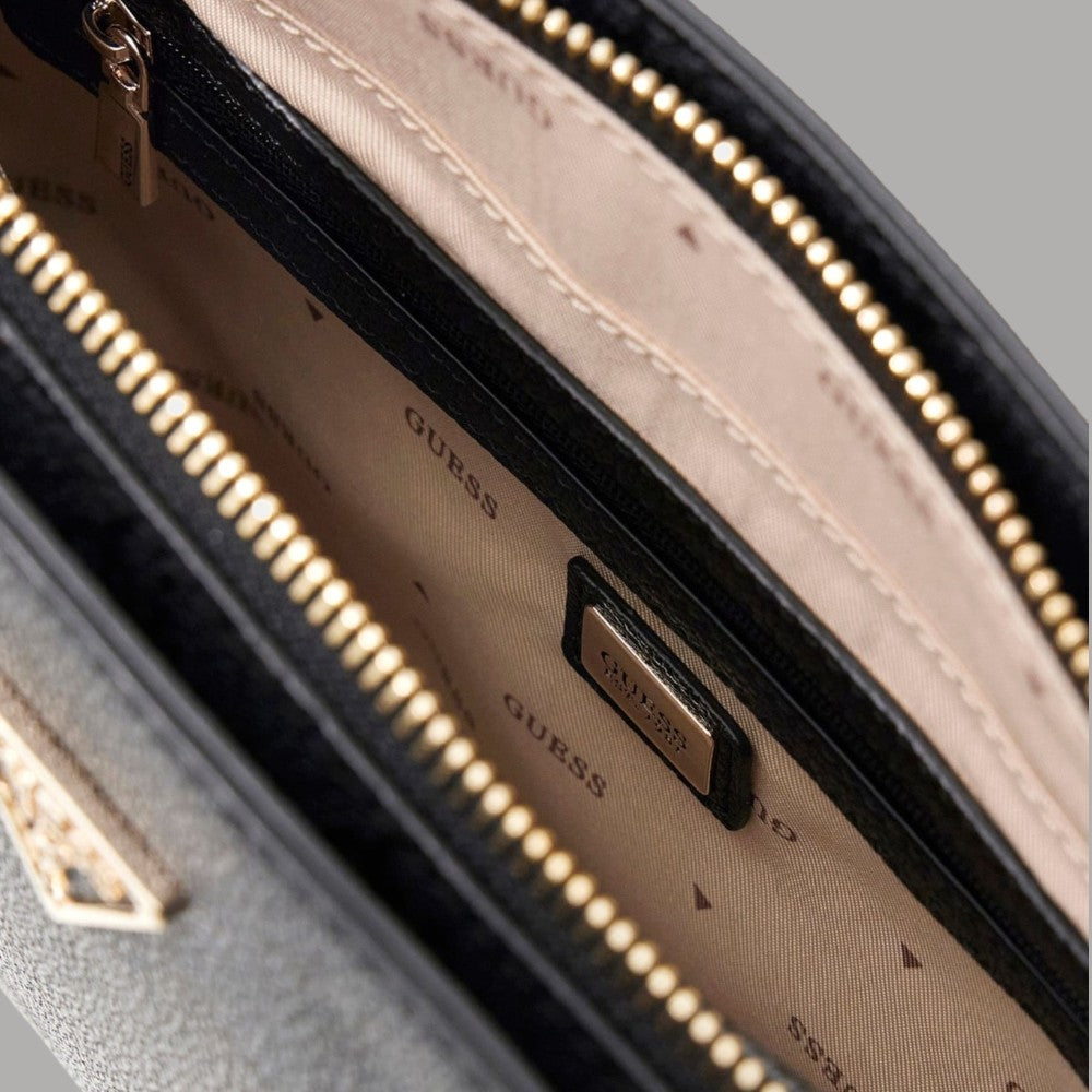 Borsa Guess similpelle scura, interno con zip dorata e tasca con logo Guess