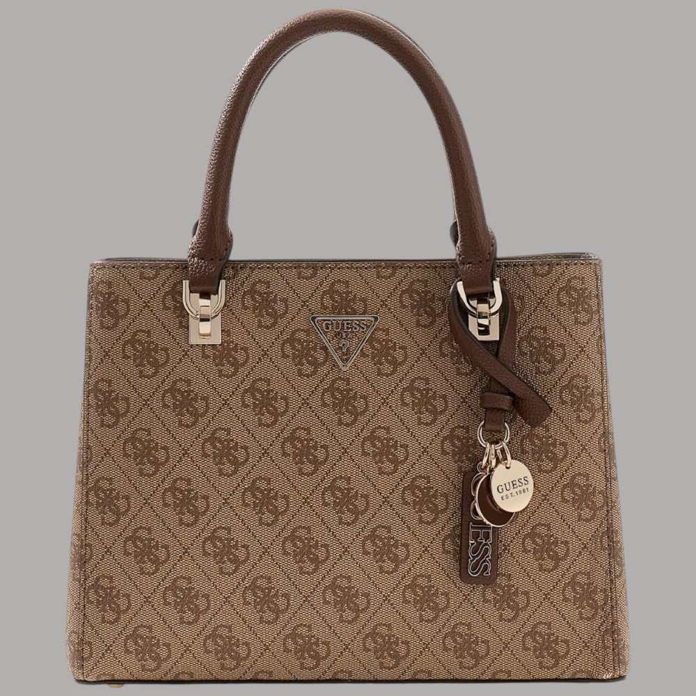 Borsa Guess similpelle marrone con motivo 4G, manici, tracolla e portachiavi