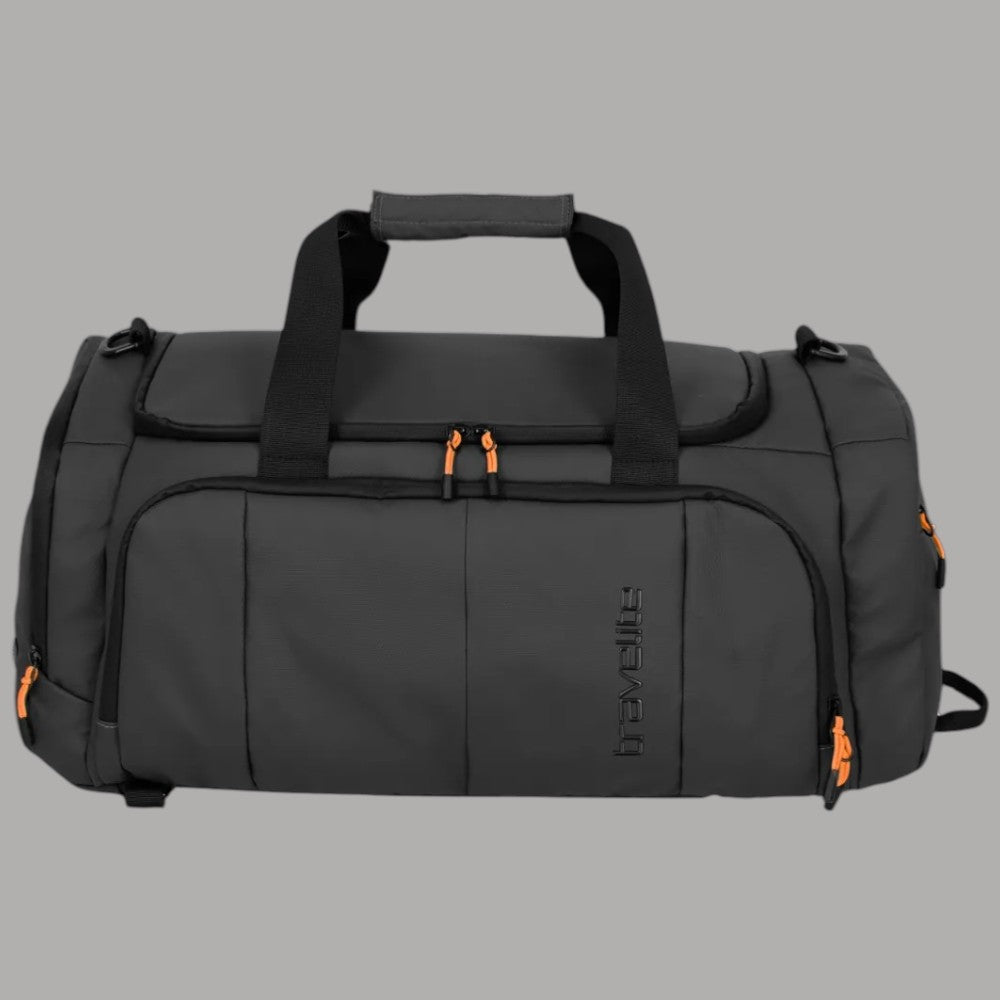 Borsa a zaino Travelite BRIIZE idrorepellente nera con dettagli arancioni.