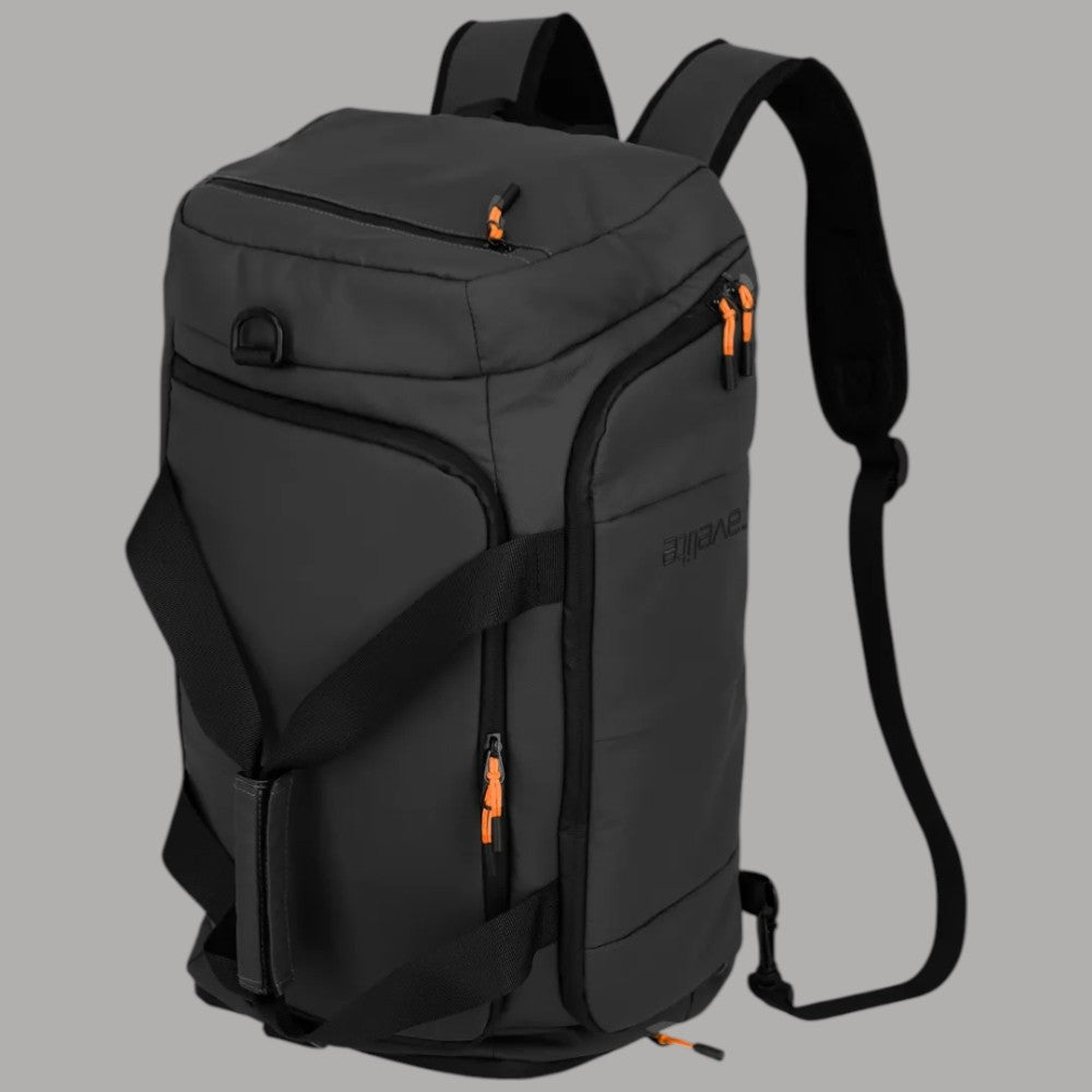Borsa a zaino nera con zip arancioni e pannelli laterali, tracolla regolabile