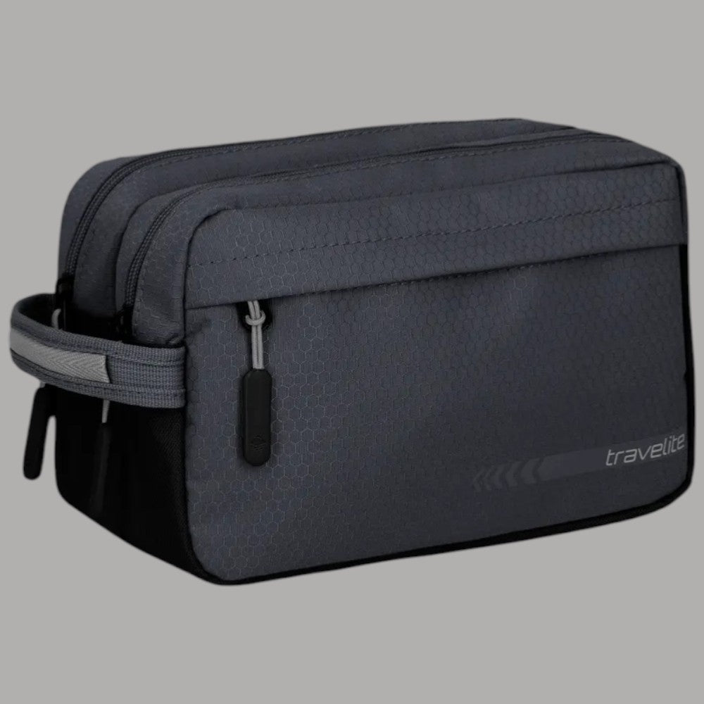 Borsello da viaggio Travelite antracite, vista laterale con doppia zip e tracolla