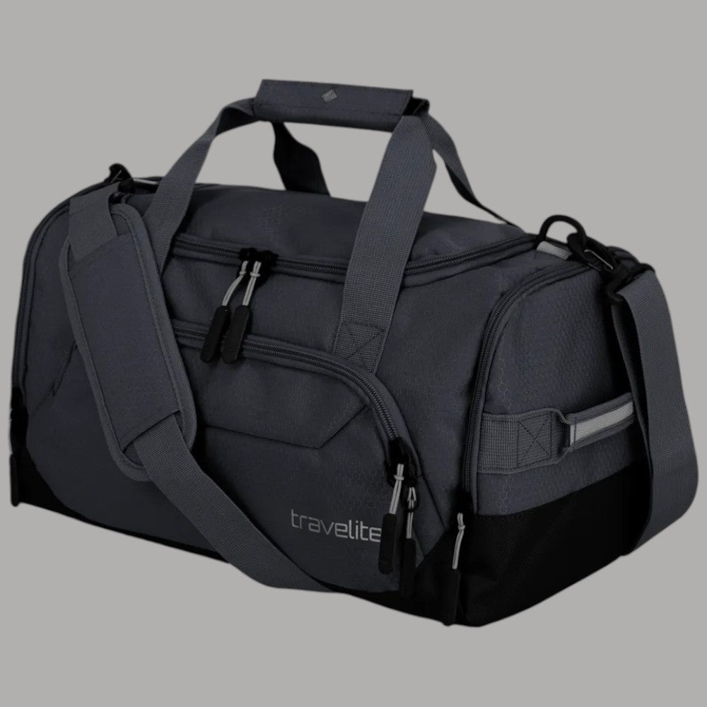 Borsone da viaggio Travelite scuro con tracolla e tasche laterali con zip
