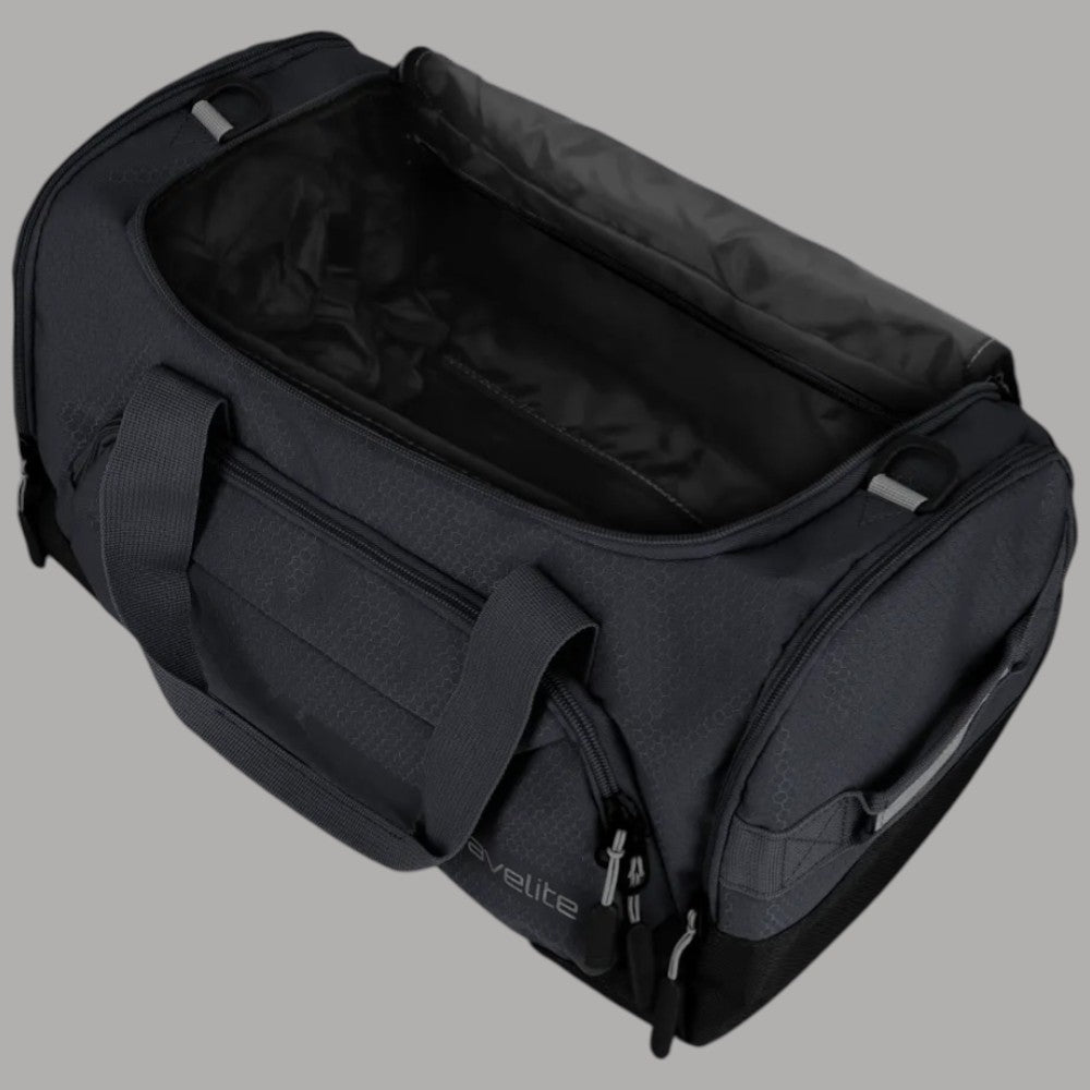 Borsone Travelite scuro aperto con fodera scura e tasca interna con zip